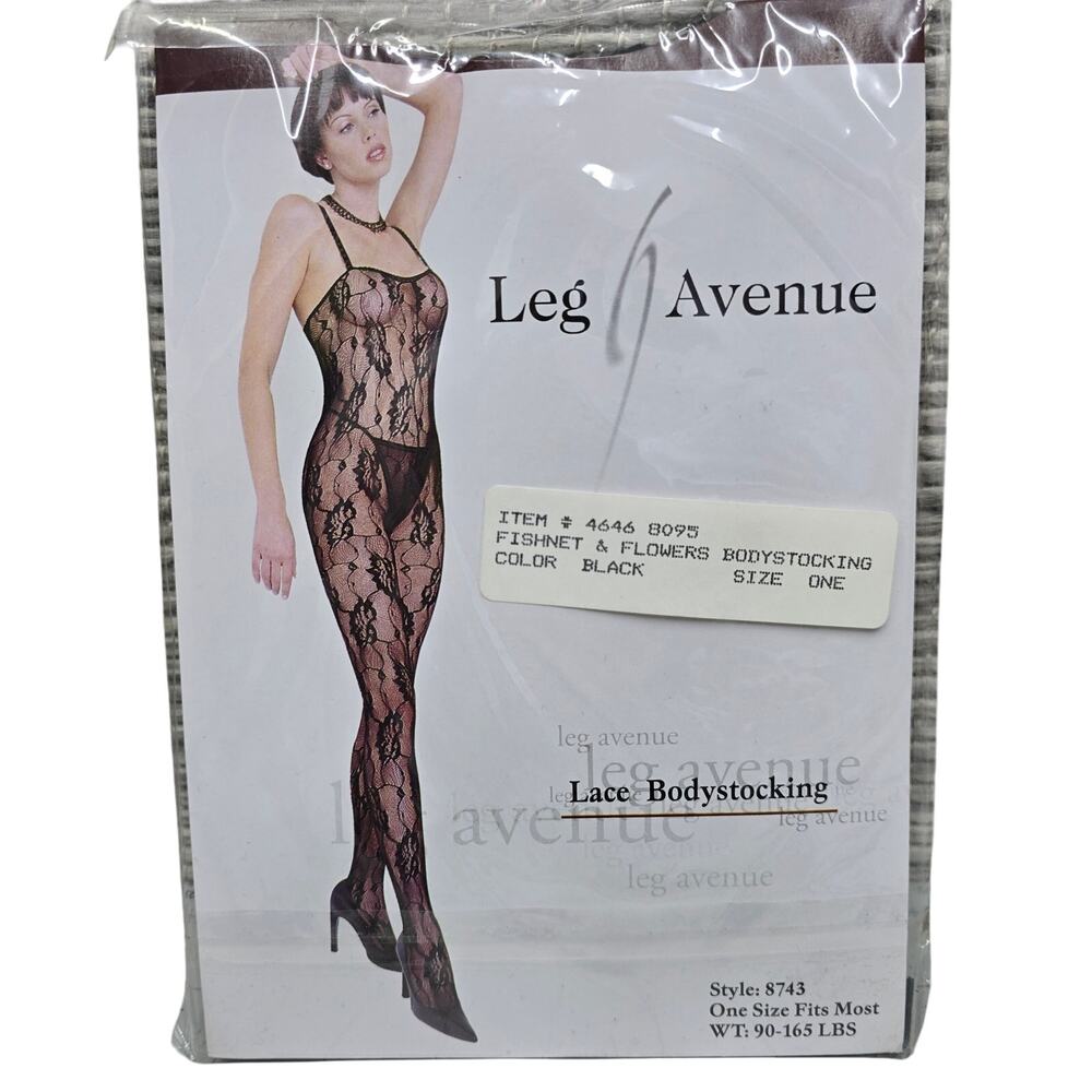 VTG Leg Avenue Body Stocking Lingerie Black Fishnet Floral Sexy Coquette NEW
